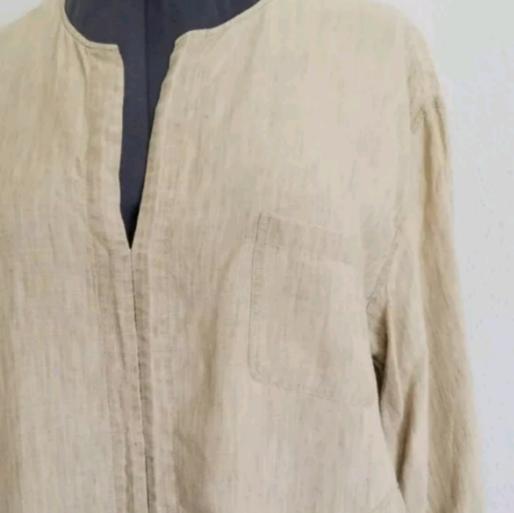 J Jill 100% Linen Pocket Blouse Sz LP Petite Large Beige Overshirt - Picture 2 of 5